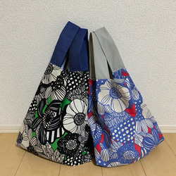 大花柄/綿麻キャンパスeco bag(赤×水色) 2枚目の画像