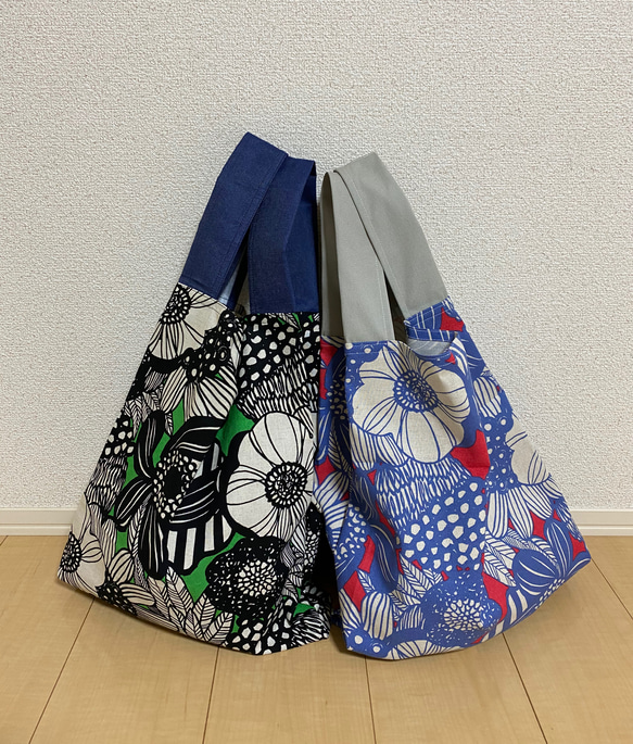 大花柄/綿麻キャンパスeco bag(赤×水色) 2枚目の画像