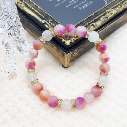 天然石ピンクホワイトジェードブレスレット愛らしいシンプルブレスレット