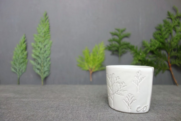 コーヒーカップ　デミカップ ティーカップ ボタニカル 植物モチーフ「コニファー」 フランス 陶器 陶磁器 1枚目の画像
