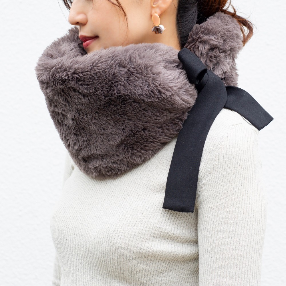 ふわふわなのに洗える！3wayえりまきミニマフラー｜もふもふアニマルフリー｜スモーク