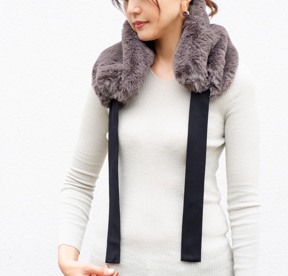 ふわふわなのに洗える！3wayえりまきミニマフラー｜もふもふアニマルフリー｜スモーク