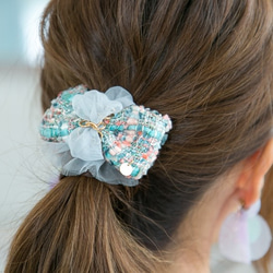 【sisterjane】ヘアバレッタ ツイード リボン 花柄 ブルー fe7820e625d9aac40fb47350c28e79