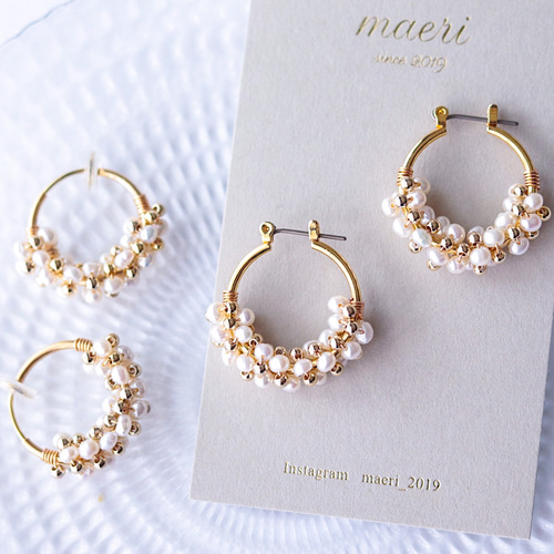 438 粒パール 枝葉 ゴールド ハンドメイド ピアス イヤリング 小ぶり