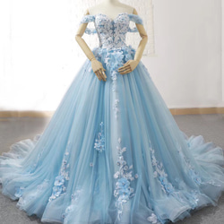 カラードレス お色直し 花嫁 素敵なブルーカラー サイズオーダー パニエ小物付属 結婚式 挙式 パーティーウェディング 1枚目の画像