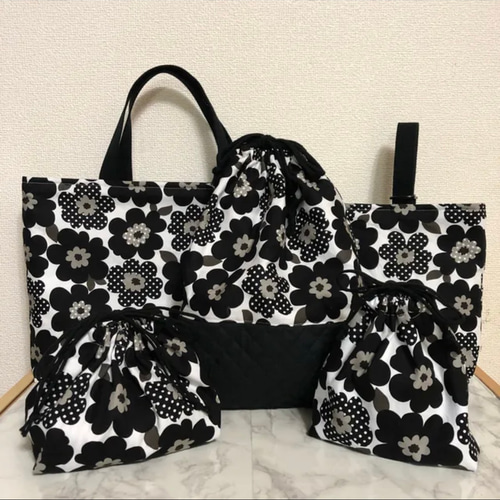 オシャレ女子の為の❤︎入園入学5点セット【モノトーン北欧フラワー