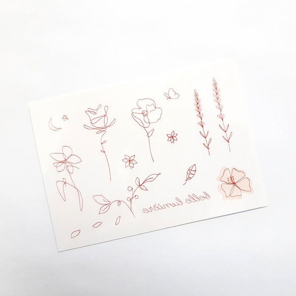 "Flower Garden" お花や葉っぱの赤い色の線画のタトゥーシール、タトゥーステッカー 1枚目の画像