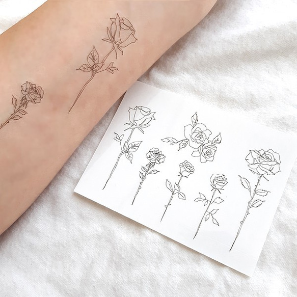可憐に咲く薔薇の花の線画のタトゥーシール、タトゥーステッカー