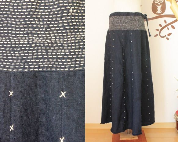 asana 刺し子の藍染めヘンプスカート 2枚目の画像
