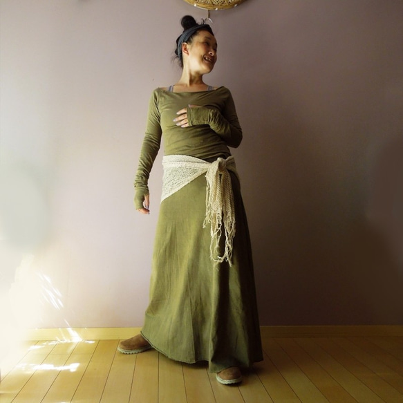asana ヘンプコットン ロングスカート121●草木染めリーフ 10枚目の画像