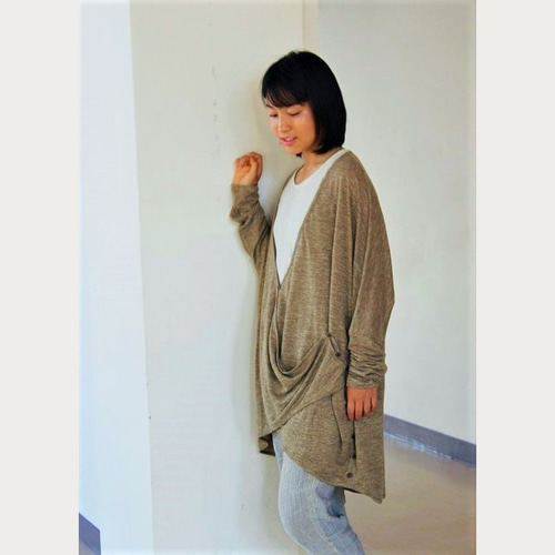 つつむ ルーズなカシュクールカーディガン○オリーブブラウン  