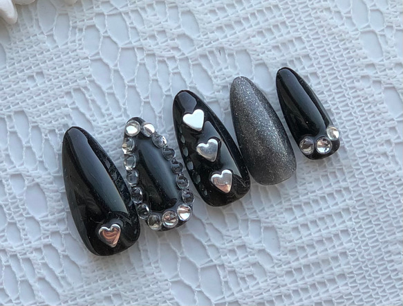ブラック キラキラ ラメ ストーン 量産型 ハート ギャル ジェルネイル  