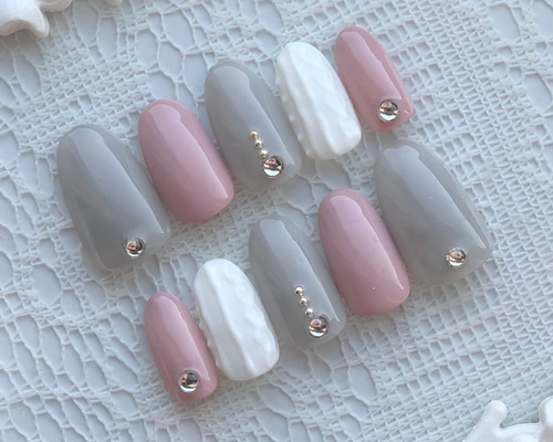 【No.040】ネイルチップ♡グレーネイル♡ニットネイル♡マットコート No.040】ネイルチップ♡グレーネイル♡ニットネイル♡マットコート