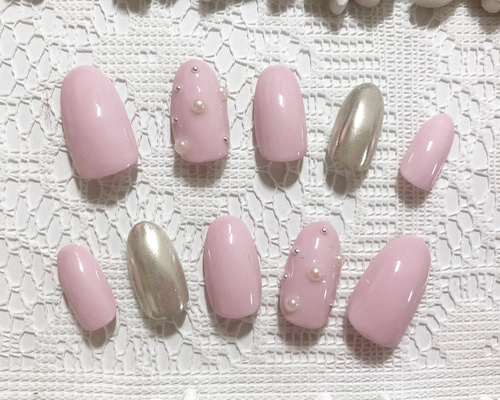 シンプル ピンク ミラーネイル ジェルネイルチップ ネイルチップ（つけ