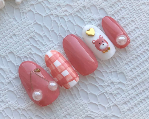 【オーダー】ネイルチップ ツイードネイル 秋ネイル くまネイル 量産型 オーダー】ネイルチップ ツイードネイル 秋ネイル くまネイル