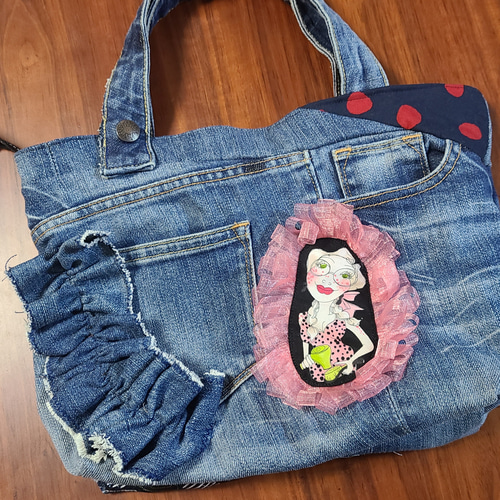 リクエスト＊ロラライハリス♡ブラックWデニム♡刺繍の絞りバッグL♡ リクエスト＊ロラライハリス♡ブラックWデニム♡刺繍の絞りバッグL♡