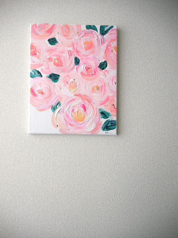 FLOWER C// アクリル 絵の具　絵画　アート　インテリア　ピンク　抽象画　ゴールド　花　おしゃれ　キャンバス 2枚目の画像
