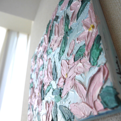 額装済み原画〉ピンクの花々／アクリル画 手描き インテリア アート