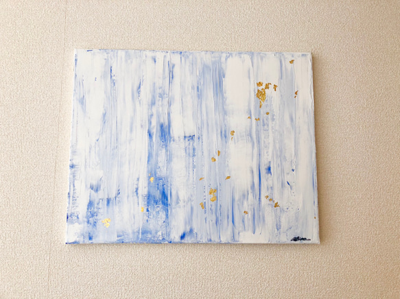 GLOW BLUE//アクリル絵画 ブルー ホワイト　モダンアート　抽象画　インテリア　お洒落　金箔 1枚目の画像
