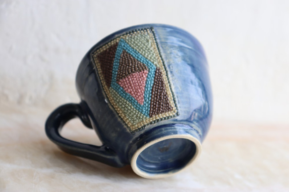 陶,色植縄紋,マグカップ,青,ひし形紋,一点物 4枚目の画像