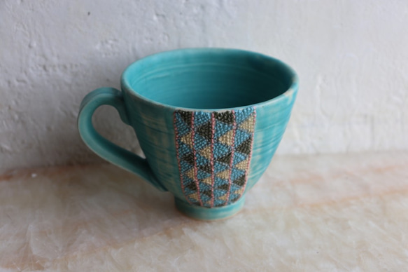 陶,色植縄紋,マグカップ,トルコ青,鱗紋,一点物 1枚目の画像