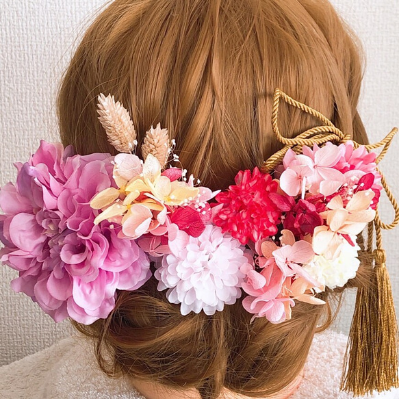 桜色 成人式 ダリアと赤ピンク、オレンジのミックス紫陽花の髪飾り ...