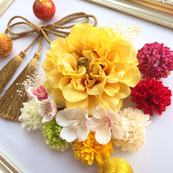 【送料無料】成人式 結婚式 卒業式 髪飾り 花飾り 和装髪飾り 和 着物 和装 花 振袖 袴 桜 ウェディング 黄色 2枚目の画像