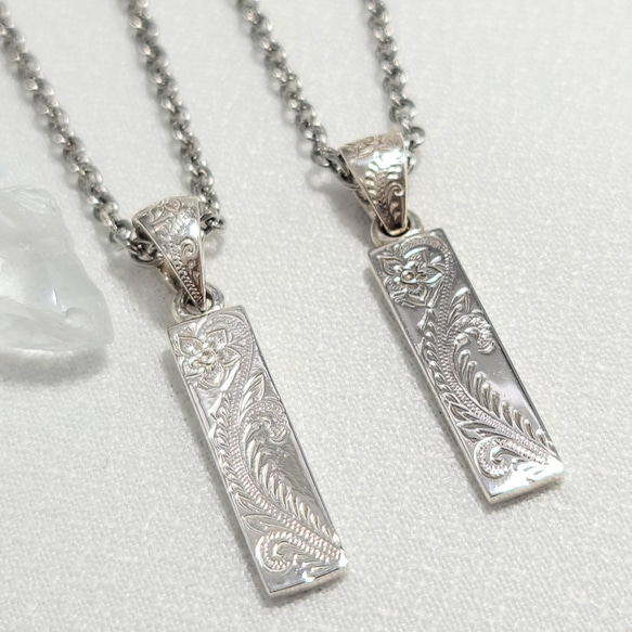 ハワイアンジュエリー クロス スクエア プレート プルメリア＆スクロール彫り ハワイアンジュエリー ペアネックレス 限定 プルメリア 彫り プレート