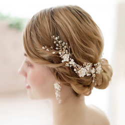 お花モチーフ 小枝 バックカチューシャ ウェディングヘッドドレス ブライダルヘアアクセサリー ゴールド 結婚式 MA05 15枚目の画像