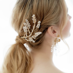 ブライダル ウェディング 花とビーズビシューのウエディング ゴールド　ヘッドアクセ結婚式、和装、成人式の髪飾りヘMA04 4枚目の画像