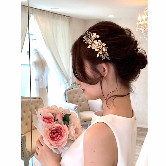 小枝 ウェディング ヘッドドレス ブライダル ヘアアクセサリー リーフ  ゴールド　髪飾り　花　結婚式 花嫁　GH04 2枚目の画像