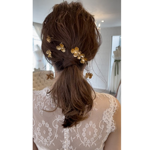 ヘッドドレス ゴールド 花 小枝 Uピン 髪飾り 成人式 振袖 後撮り 前