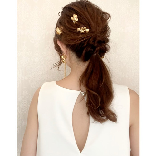 ヘッドドレス ウェディング ゴールド 花 小枝 アレンジ Uピン 髪飾り