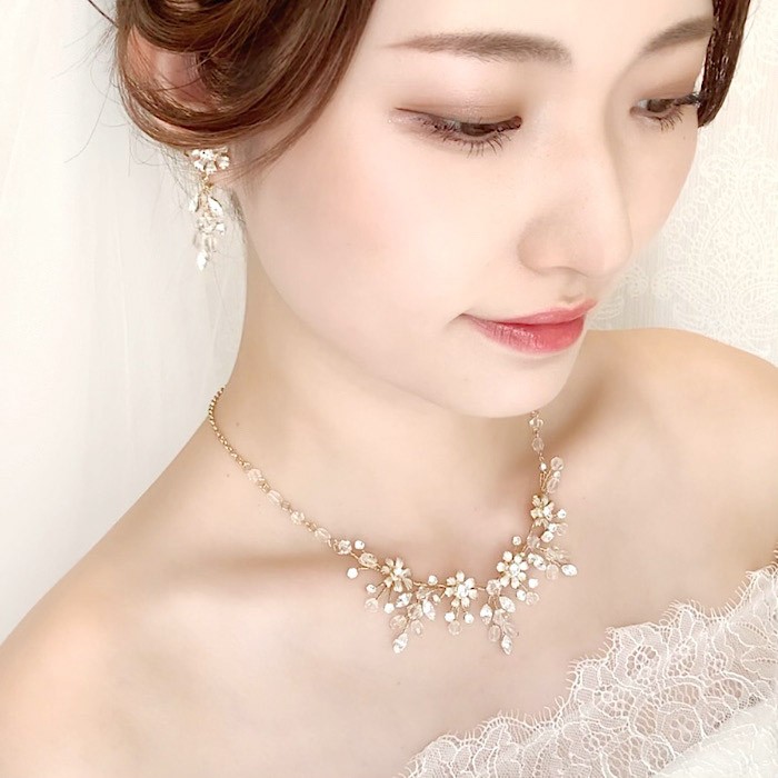 ウエディングネックレス　ブライダルネックレスセット　パール　ビジュー　 結婚式　N49