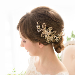 ウェディング　ヘアアクセサリー　ゴールド　髪飾り　ブライダル　小枝　花　リーフ　ビジュー　ヘッドドレス ゴールドE42 3枚目の画像