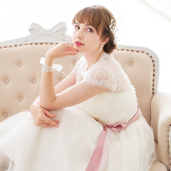 レースボレロ 半袖 フレンチスリーブ チュール ホワイト ウェディング  