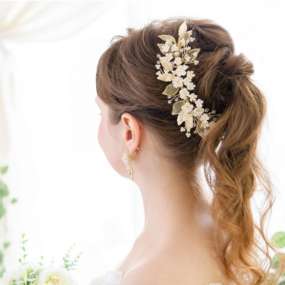 ウェディング　ヘアアクセ　ビジュー ブライダル wedding 小花　ヘッドドレス　小枝アクセサリー　E60 3枚目の画像