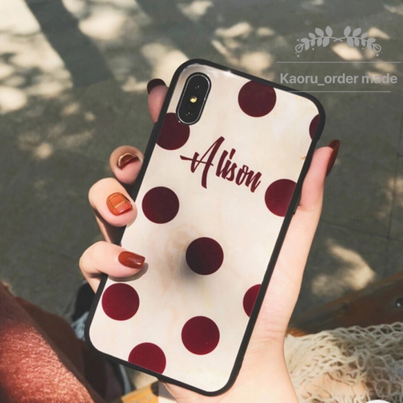 【iPhone11対応】オーダーメイド♡名前入れiphoneケース北欧風 ドット強化ガラス 1枚目の画像