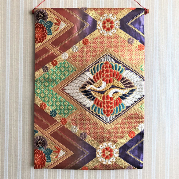 和風 掛軸 着物帯書道 帯の掛け軸☆金銀白の鶴☆タペストリー／壁掛け／飾り／帯
