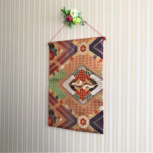 和風 掛軸 着物帯書道 帯の掛け軸☆金銀白の鶴☆タペストリー／壁掛け／飾り／帯