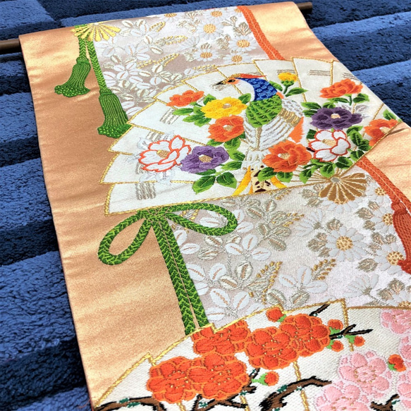 ≪超早割価格≫帯の掛け軸 扇 キジ 梅／タペストリー／壁掛け／飾り／帯リメイク／tapestry／obi／186 8枚目の画像