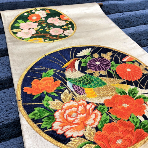 帯の掛け軸 丸文 花とキジ/タペストリー/壁掛け/飾り/帯 帯の掛け軸 丸文 花とキジ/タペストリー/壁掛け/飾り/帯
