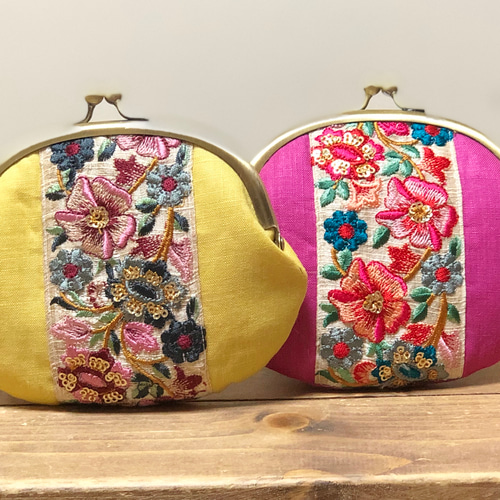 インドサリー刺繍 ゴージャスながま口ポーチ リネン100% がま口 Rose