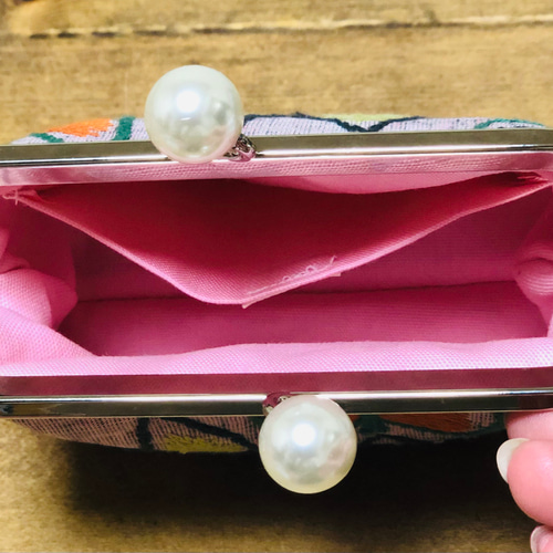 ミナペルホネンhandmade がま口ポーチ sky flowersピンク がま口 Rose