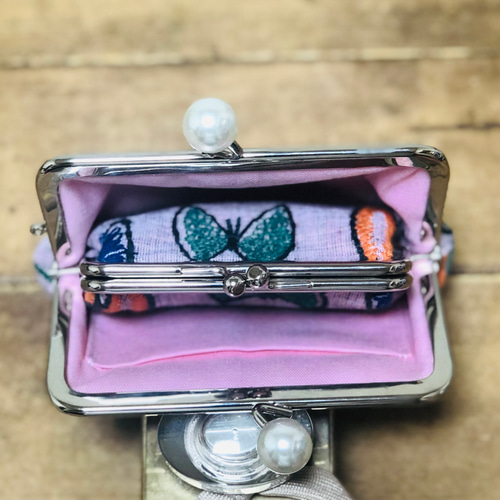 ミナペルホネンhandmade 親子がま口ポーチ sky flowers がま口