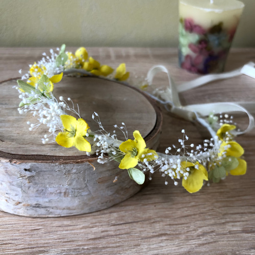 ウェディング花冠☆菜の花とかすみ草の花冠☆ハンドメイド ヘッド