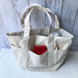 受注制作※三角マチ帆布トートバッグ ドット柄内布両面ポケット付き