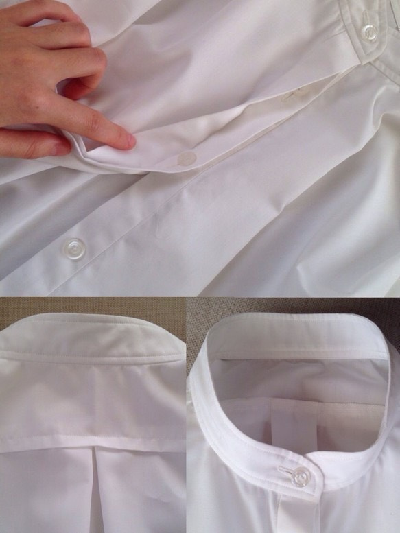 受注生産 短冊カフスのシャツブラウス スタンドカラー 比翼あき白 5枚目の画像