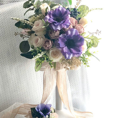 高貴に♡上品に♡アネモネと薔薇のブーケ+ブートニア＊前撮り、持込み 