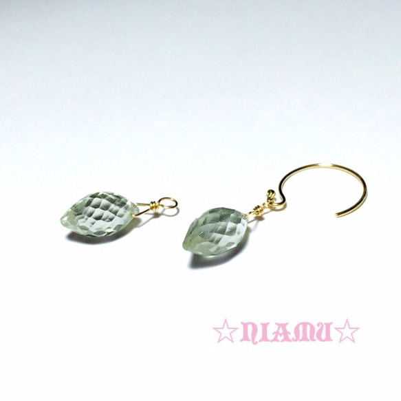 【天然石チャーム】14kgf 宝石質グリーンアメジストAAA　マーキス形　2粒　ハンドメイド素材 2枚目の画像